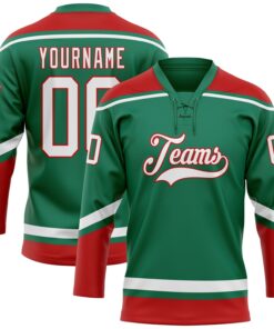 Custom Kelly Green White-Red Hockey Lace Neck Jersey
