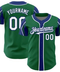 Custom Kelly Green White-Royal 3 Colors Arm Shapes Authentic Baseball Jersey
