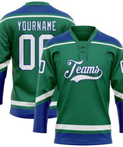 Custom Kelly Green White-Royal Hockey Lace Neck Jersey