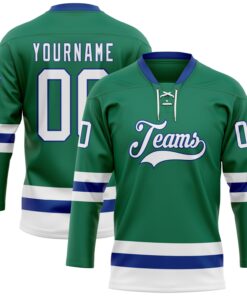 Custom Kelly Green White-Royal Hockey Lace Neck Jersey