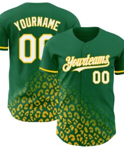 Custom Kelly Green White-Yellow 3D Pattern Design Leopard Print Fade Fashion Authentic Baseball Jersey