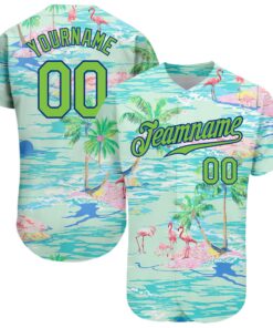 Custom Lakes Blue Neon Green-Royal 3D Pattern Design Beach Hawaii Palm Trees And Flamingo Authentic Baseball Jersey
