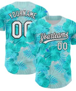 Custom Lakes Blue White-Black 3D Tropical Hawaii Jungle Leaves And Flower Authentic Baseball Jersey