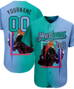 Custom Light Blue Aqua-Black 3D Skull Gradient Fashion Authentic Baseball Jersey