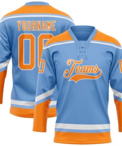 Custom Light Blue Bay Orange-White Hockey Lace Neck Jersey
