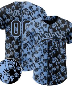 Custom Light Blue Black 3D Pattern Design Tropical Hawaii Palm Trees Authentic Baseball Jersey
