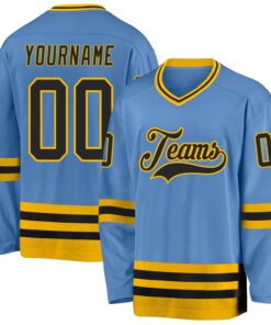 Custom Light Blue Black-Gold Hockey Jersey