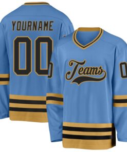 Custom Light Blue Black-Old Gold Hockey Jersey