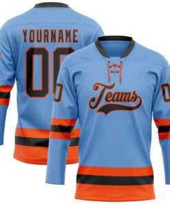 Custom Light Blue Black-Orange Hockey Lace Neck Jersey
