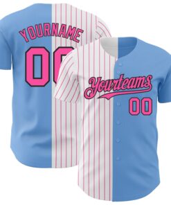 Custom Light Blue Black-Pink Pinstripe Authentic Split Fashion Baseball Jersey