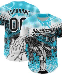 Custom Light Blue Black-White 3D Pattern Design Religion Jesus Christ Authentic Baseball Jersey