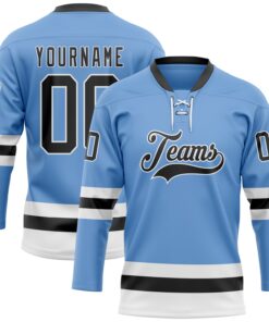 Custom Light Blue Black-White Hockey Lace Neck Jersey