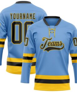 Custom Light Blue Black-Yellow Hockey Lace Neck Jersey