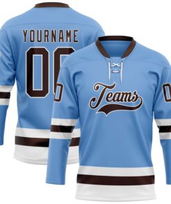 Custom Light Blue Brown-White Hockey Lace Neck Jersey