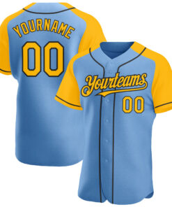 Custom Light Blue Gold-Black Authentic Raglan Sleeves Baseball Jersey