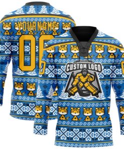 Custom Light Blue Gold-Black Christmas Tree And Tiger 3D Hockey Lace Neck Jersey