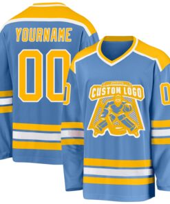 Custom Light Blue Gold-White Hockey Jersey