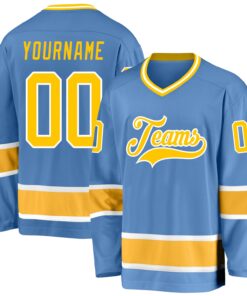 Custom Light Blue Gold-White Hockey Jersey