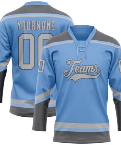 Custom Light Blue Gray-Steel Gray Hockey Lace Neck Jersey