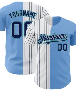 Custom Light Blue Gray Teal-Navy Pinstripe Authentic Split Fashion Baseball Jersey