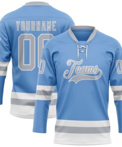 Custom Light Blue Gray-White Hockey Lace Neck Jersey