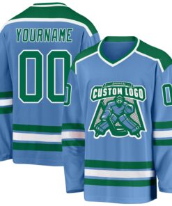 Custom Light Blue Kelly Green-White Hockey Jersey