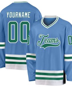 Custom Light Blue Kelly Green-White Hockey Jersey