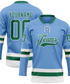 Custom Light Blue Kelly Green-White Hockey Lace Neck Jersey