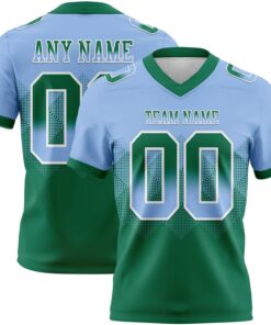 Custom Light Blue Kelly Green-White Mesh Authentic Gradient Square Shape Flag Football Jersey
