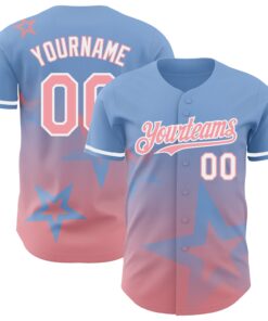 Custom Light Blue Medium Pink-White 3D Pattern Design Gradient Style Twinkle Star Authentic Baseball Jersey