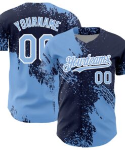 Custom Light Blue Navy-White 3D Pattern Design Abstract Brush Stroke Authentic Baseball Jersey