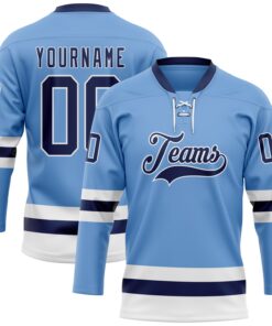 Custom Light Blue Navy-White Hockey Lace Neck Jersey
