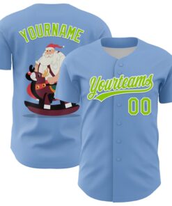 Custom Light Blue Neon Green-White 3D Funny Christmas Authentic Baseball Jersey