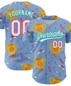Custom Light Blue Neon Pink-Aqua 3D Pattern Design Champion Trophy Authentic Baseball Jersey
