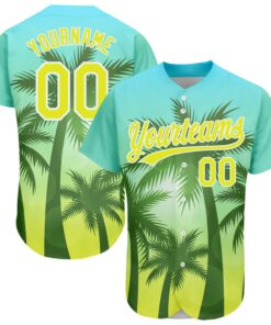 Custom Light Blue Neon Yellow-White 3D Pattern Design Hawaii Palm Trees Authentic Baseball Jersey