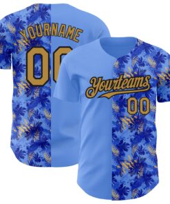 Custom Light Blue Old Gold-Black 3D Pattern Design Tropical Hawaii Palm Leaves Authentic Baseball Jersey