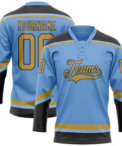 Custom Light Blue Old Gold-Black Hockey Lace Neck Jersey