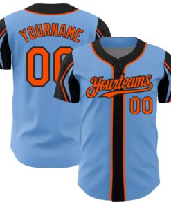 Custom Light Blue Orange-Black 3 Colors Arm Shapes Authentic Baseball Jersey