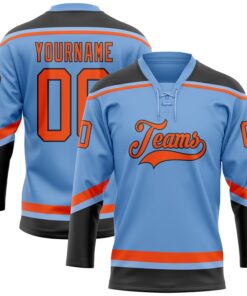 Custom Light Blue Orange-Black Hockey Lace Neck Jersey