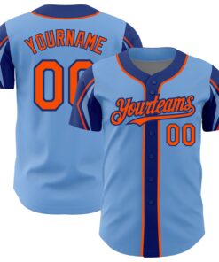 Custom Light Blue Orange-Royal 3 Colors Arm Shapes Authentic Baseball Jersey