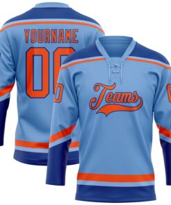 Custom Light Blue Orange-Royal Hockey Lace Neck Jersey