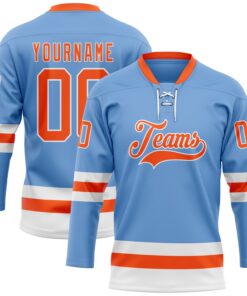 Custom Light Blue Orange-White Hockey Lace Neck Jersey