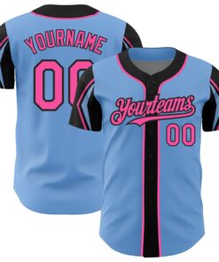 Custom Light Blue Pink-Black 3 Colors Arm Shapes Authentic Baseball Jersey