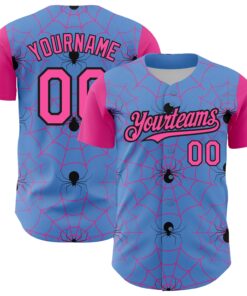 Custom Light Blue Pink-Black 3D Pattern Design Spider Web Authentic Baseball Jersey