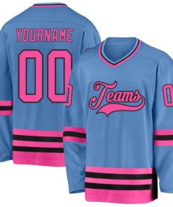 Custom Light Blue Pink-Black Hockey Jersey
