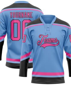 Custom Light Blue Pink-Black Hockey Lace Neck Jersey