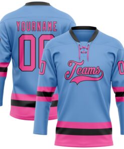 Custom Light Blue Pink-Black Hockey Lace Neck Jersey