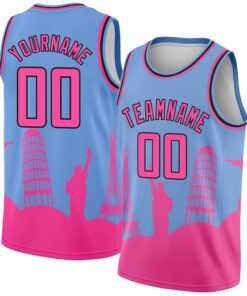 Custom Light Blue Pink-Black Holiday Travel Monuments Silhouette Authentic City Edition Basketball Jersey