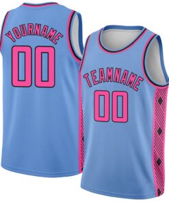Custom Light Blue Pink-Black Side Panel Abstract Lines Authentic City Edition Basketball Jersey