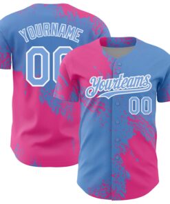 Custom Light Blue Pink-White 3D Pattern Design Abstract Brush Stroke Authentic Baseball Jersey